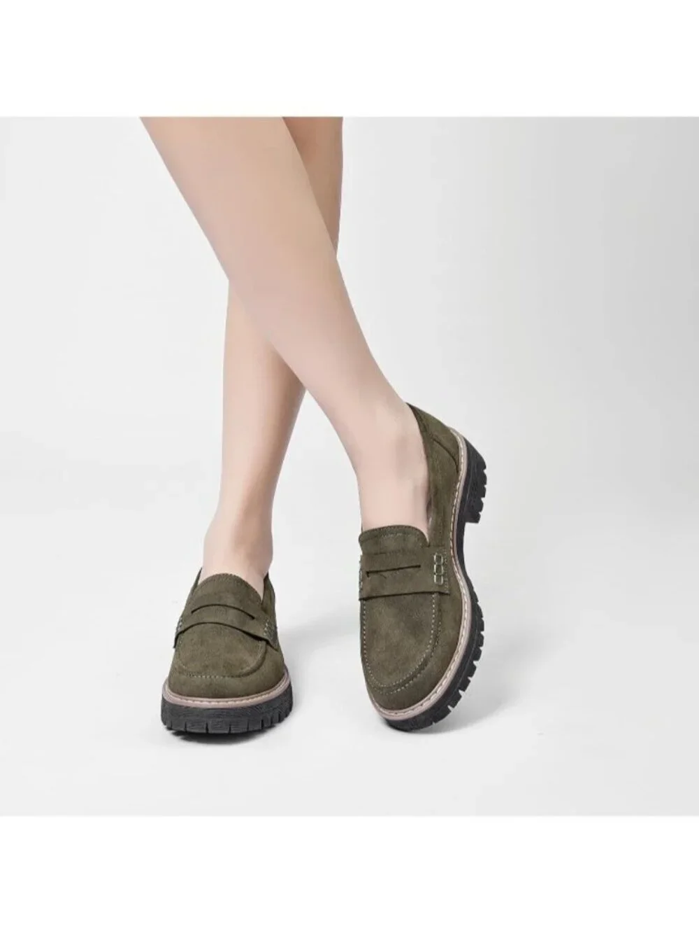 Womens Olive Suede Lug Sole Slip On Business Chunky Platform Penny Loafers Shoes